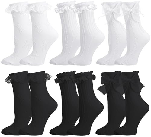 Utensilsto 6 Paar Trachtensocken Damen 35-40, Schwarze Weiße Rüschen Socken, Spitzen Socken mit Rüschen Damen, Gestrickt Crew Söckchen für Frauen Mädchen