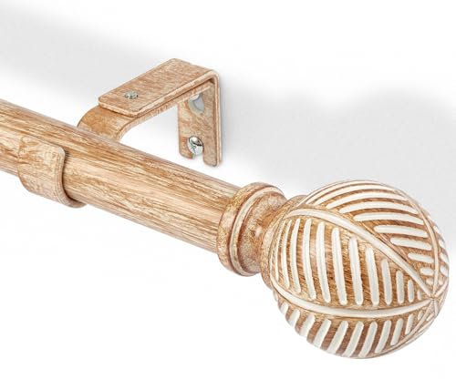 Gardinenstange 76-198 cm | Metall mit Holzoptik, Ø 25 mm | Vorhangstange Ausziehbare Wand- & Deckenmontage | Für Wohnzimmer, Schlafzimmer, Terrasse - Hellbraun