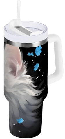 Mnsruu Vaso aislado con diseño de gato blanco y flores azules con asa, botellas de agua de acero inoxidable de 40 onzas con tapa y popote para agua, té helado o café