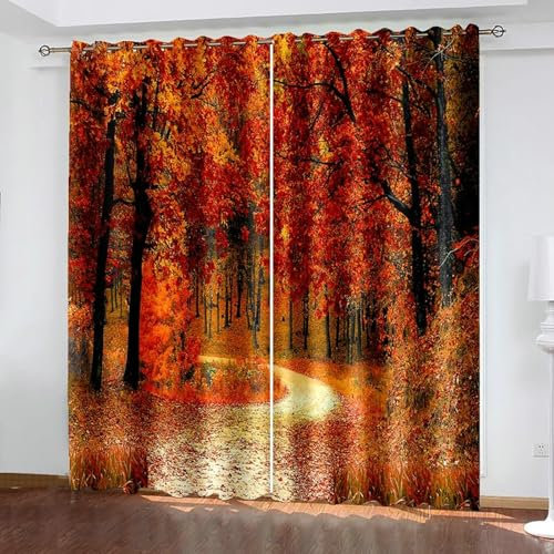 Beydodo Gardinen mit Ösen Blickdicht, Vorhänge Schlafzimmer 2er Set 86x214CM Herbst Ahorn Wald Verdunklungsvorhänge Jugendzimmer Wohnzimmer