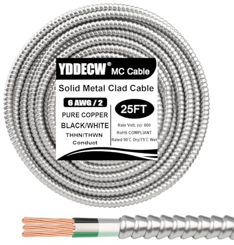 25ft 6/2 Metal Clad (MC) Cable with Ground, 6 Gauge Electric Wire with Aluminum Armor, Solid Bare Copper Conductors for Indoor Outdoor Underground Embedded Installation (6/2, 25 ft)