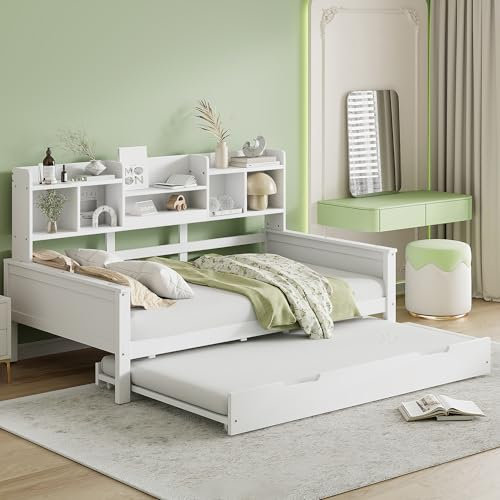 Zravenna Ausziehbares Bett 90x200 cm, Tagesbett Kiefer Holz mit Stauraum und Lattenrost, Einzelbetten, Ohne matratze (Weiß)