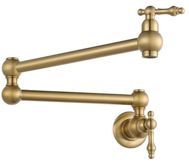 Grifo de cocina dorado vintage montado en la pared, retráctil, con un solo agujero, latón de agua fría con brazo giratorio de doble articulación, diseño elegante para hogares modernos