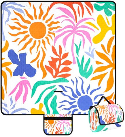 Picknickdecke XXL 200x200 cm,Stranddecke wasserdicht sandfrei, faltbare Strandmatte aus waschbarem Dreischichtige Struktur Tragbar für Familiencamping, Strand, Park, Reisen und Rasen –Tropische Blumen