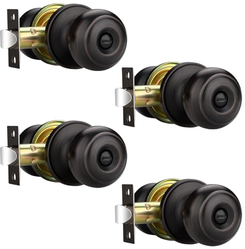 EHOMEWARE 4 Pack Oil Rubbed Bronze Door Handle, Interior Door Knob Without Key, Privacy Door Lock for Bedroom/Bathroom, Modern Round Door Knob, Left/Right Doors Universal