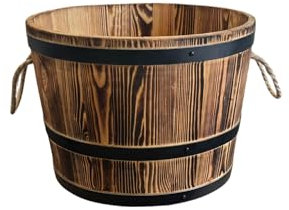 WEECO Grand pot de fleurs en bois 50 x 40 cm - Pot de fleurs en bois d'aulne avec anneaux en métal - Pour le salon ou la terrasse - Grand pot de fleurs massif fabriqué dans un tonneau en bois 1/2