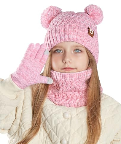 Maeau Enfant Bonnet Écharpe et Gants Ensemble Doublé Polaire Hiver Tour de Cou Tricoté avec Doublure pour Fille Garcon Ski Set Cache Cou Chaud 3 Trois, 4-10 Ans/Circonférence de la tête: 50-54cm