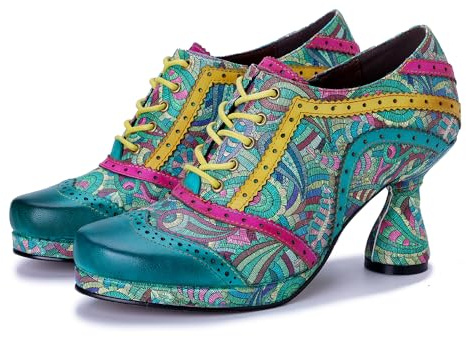 Damen Pumps mit Knalligen Farben Patchwork-Design –Stilvolle Chunky Heels mit Nieten aus Leder Stoff