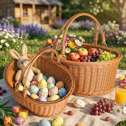 Lanpn 2er Set Handgeflochtene Rattan-Osterkörbchen mit Henkel in Braun, groß und mittel, geeignet für Familien, Ostereiersuche, Süßigkeiten, Geschenke, Picknick, Osterdeko