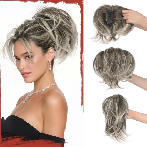 Sofeiyan Haarteil mit Klammer,Haarteil Zopf mit Flexiblem Draht für DIY | Kurze Pferdeschwanz Haarverlängerung,Glattes Kunsthaar Ponytail Extension Perücke für Dünnes Haar,Grau-Gold-Farbverlauf