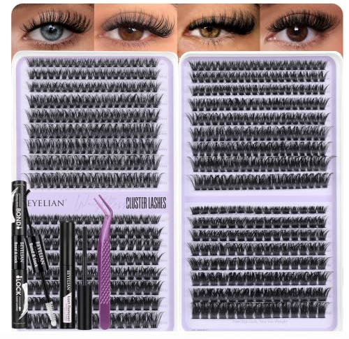 BEYELIAN Cluster Lashes Kit, D Curl Individual Eyelashes Extension Book | 608Pcs Lash Cluster Kit with Glue, Remover and Tweezer, 60D+80D+100D+120D DIY Lashes at Home, Comfortable