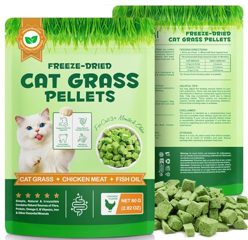Cat Grass Treats for Indoor Cats | Teeth Cleaning & Hairball Support, Chicken & Fish Oil,Freeze-dried texture