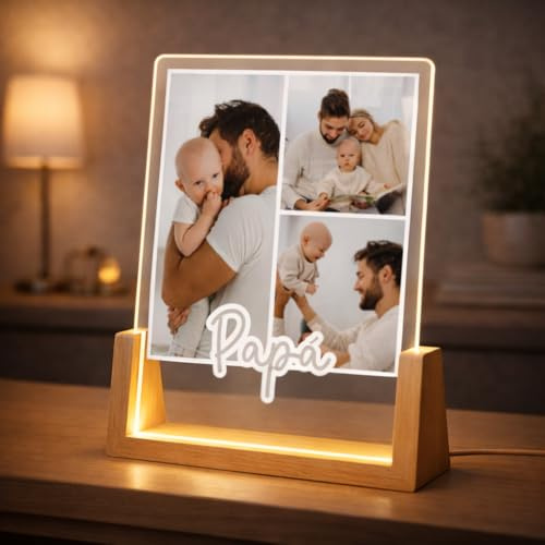 DEREGALOOS Lámpara Personalizada con Fotos para Papá. Placa de Metacrilato con Base de Madera LED. Regalo Original para el Día del Padre y Cumpleaños. Luz de Noche Decorativa con 3 Fotos