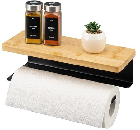 eluno Küchenrollenhalter mit stilvoller Bambusablage, Rollenhalter zur Wandmontage Kleben oder Bohren - für Standard-Küchenrollen bis 28 cm oder 2 Toilettenpapierrollen, aus Metall (Schwarz)