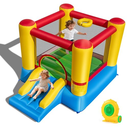 GYMAX Kids Bouncy Castle with Slide and Basketball Hoop, Inflatable Jumping House for Outdoor Indoor (Big Head Column with 550W Blower)