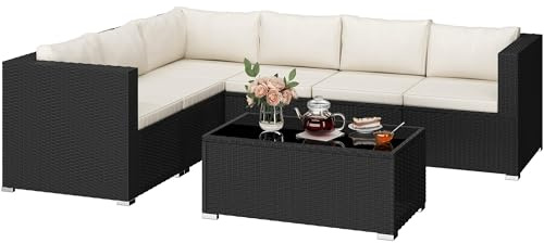 Yaheetech PE Rattan Outdoor 7 Piece 6 Seater Corner Sofa Set, Garden Wicker Patio Furniture with Washable Covers, Thick Cushions, Glass Top Coffee Table for Backyard and Poolside, Black/Beige