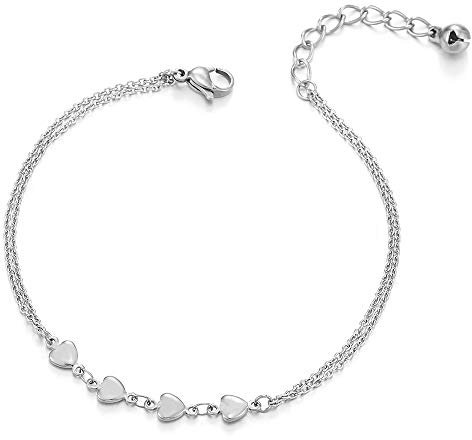 COOLSTEELANDBEYOND Deux Rangs Acier Inoxydable Femme Chaîne Maillons Bracelets de Cheville avec Coeur Charms et Grelot, Réglable