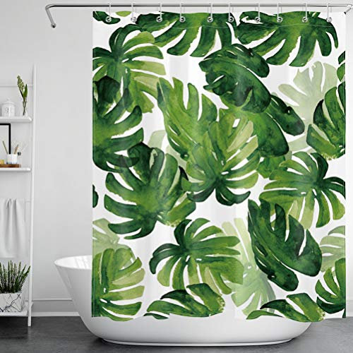 LB Monstera Grüne Blätter Duschvorhang mit Haken,180x200cm Tropischer Dschungel Aquarellpflanzen Bad Vorhänge, wasserabweisend Anti-Schimmel waschbar Polyester Stoff Vorhänge für Badezimmer