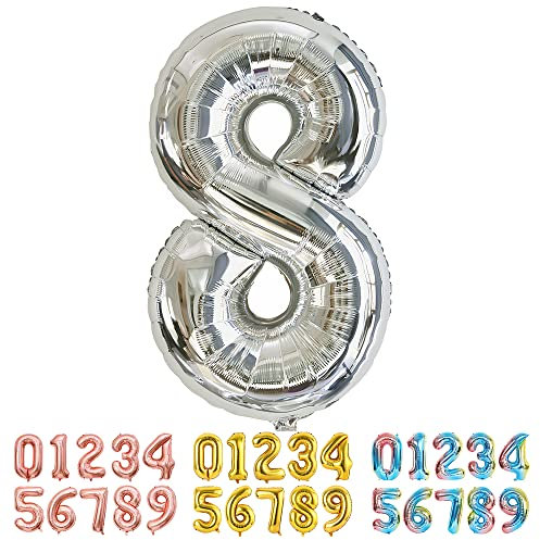 Ponmoo Luftballon Zahl 8 Silber, Riesen Nummer 0 1 2 3 4 5 6 7 8 9 10-19 20-29 30-39 40 50 60 70 80 90 100, groß Folienballons für Hochzeit Jubiläum, Geburtstagsballons Party Dekoration