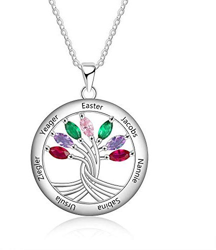 Personalised Sterling Silver Tree of Life Necklace for Women Crystal Pendant Necklace Mum Wife Grandma Birthday Anniversary Mothers Day Customised Jewellry Gift 7 Simulated Birthstone 7 Engraved Name