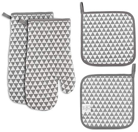 Gants de Four,Maniques Cuisine,Antidérapant Résistant à la Chaleur Gants de Four en Coton,Gants de Cuisine avec Boucle Suspension,1 Paire Gants Cuisine et 2 Maniques,pour Barbecue Cuisine Pizza