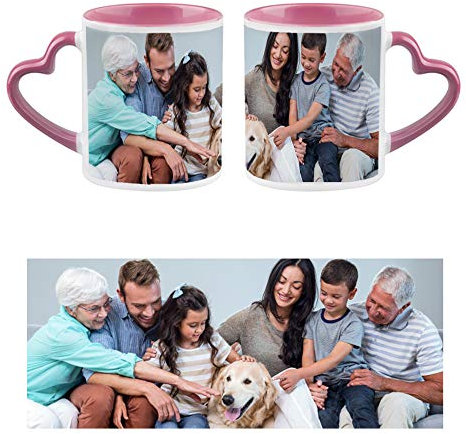 Personalised with One Photo/Multi Photo Printed Collage Mug, Novelty, Pink Colour Heart Handle Ceramic Mug, Memorable Gift Ideas for Family, Friends, Birthday, Any Special Occasion. (1 Photo)