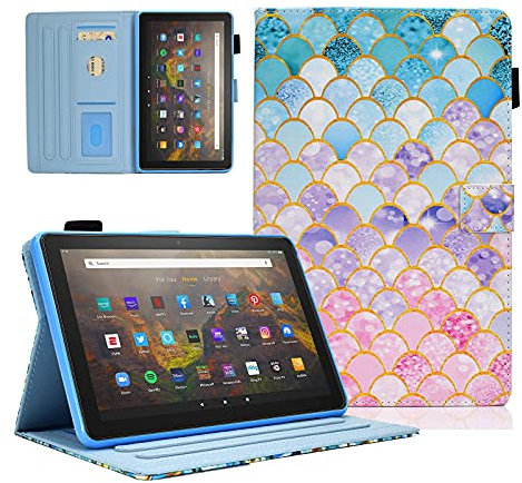 Ausmix PU Leather Slim Folio Stand Case for Fire HD 10 & HD 10 Plus (2023/2021 Release), Fish Scales Pattern, Auto Wake/Sleep, Adjustable Angles, Multi-Functions