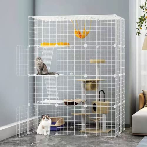 Katzenkäfig,DIY Kleintierkäfig für Kaninchen,Gittergehege Katzenkäfig 4 stöckig,Meerschweinchen,Welpen,Pet Products Portable Metalldraht Yard Fence (White 4-3-2)(Four-Layer)