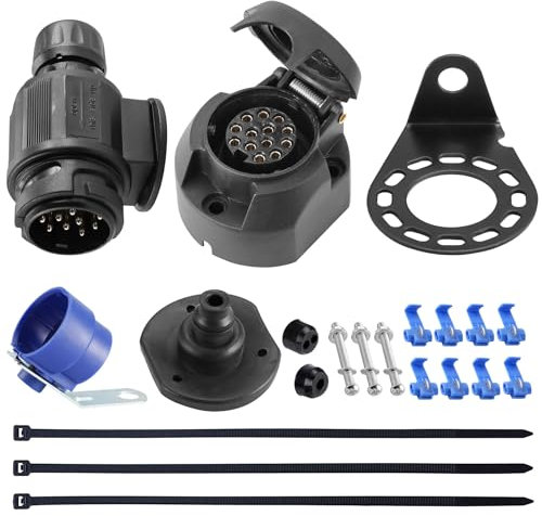 SPARKMOTO Prise Remorque 13 Broches Femelle Et Prise Remorque 13 Broches Male,12V Fiche Prise pour Remorque 13 Broches Étanche,avec Kit Support de Montage et Joint arrière,Norme ISO11446 (SK1302D)
