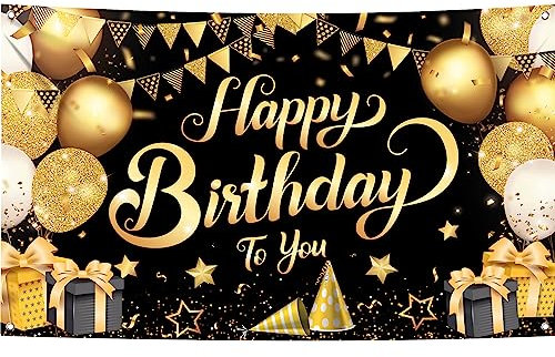 KatchOn, Schwarz Gold Happy Birthday Banner Geburtstagsdeko – XtraLarge, 180 x 110 CM | Happy Birthday Hintergrund Geburtstagsdekorationen, Happy Birthday Girlande, Schwarz Gold Geburtstagsbanner