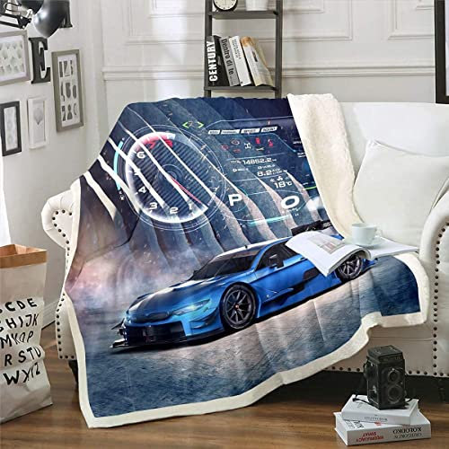 Homewish Sportwagen-Überwurfdecke für Kinder Teenager Jungen Mädchen Extremsport Plüsch-Bettdecke Rennwagen Sherpa-Überwurf Beroom Wohnzimmer Dekoration Fleecedecke Blau, 150 x 200
