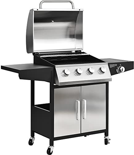Gas BBQ Grill 4 Burner+Side Burner Stainless Steel, Side Table Shelves and waterproof Cover Cast Iron Cooking Outdoor Garden barbecue grill, with House|Regulator|600D cover, Black and Silver,14.5kw