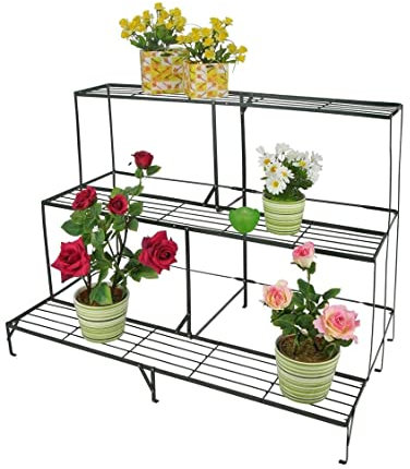 Spetebo Metall Blumenregal schwarz 100 x 75 cm - eckig - Pflanzenständer mit 3 Etagen - Blumen Pflanzen Hocker Ständer Treppe Regal 3 Ablagen