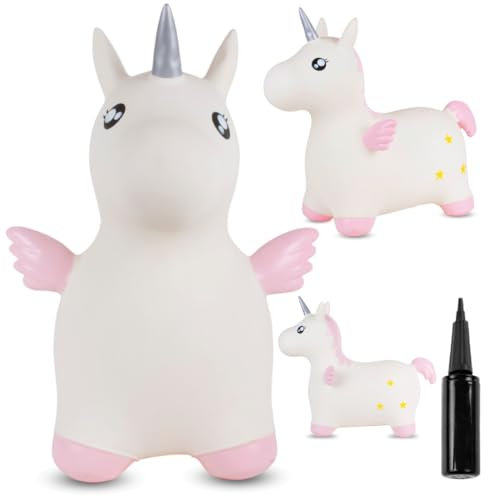 sun baby Hüpftiere ab 1 Jahr mit Pumpe aufblasbares Hüpfspielzeug aus Hochwertigem und Strapazierfähigem Gummi, Verschiedene Designs (Rosa Einhorn mit Flügeln)