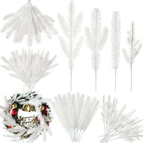 Künstliche Kiefern Zweige 4 Stile Kiefernnadeln Künstliche Blätter Nadel Kunststoff Tannenzweige Girlande Grün Kiefern Picks für DIY Girlanden Weihnachten Wand Deko (Weiß, 60 Stück)
