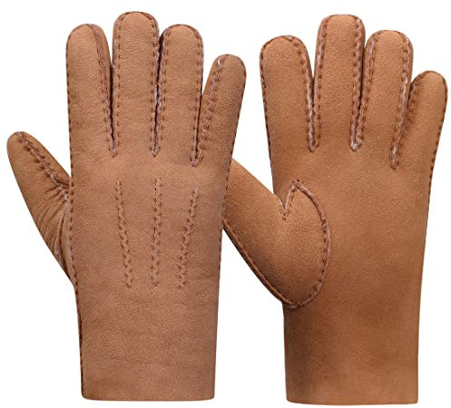 Harssidanzar Lederhandschuhe Herren,Wildleder Lammfell Shearling Dicke Wolle Gefüttert Beheizte Warme Winter Kaltwetter Kleid Fahrhandschuhe KM043EU,Kamel,Größe S