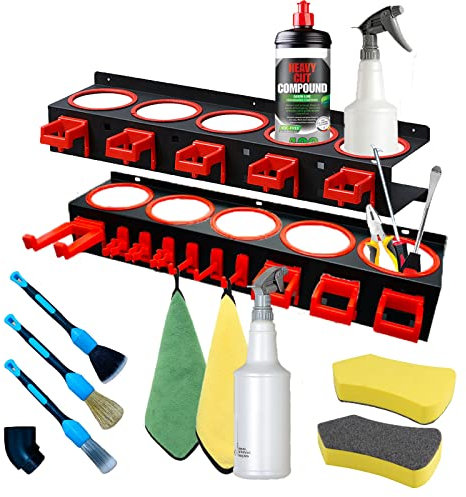 YCWF Lot de 2 supports de rangement pour bouteilles de pulvérisation, organisateur de bouteilles de garage pour outils de détail de nettoyage de voiture, matériel abrasif rail suspendu accessoire de