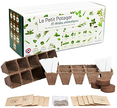 CULTIVEA® Il Piccolo Giardino - Kit di 10 semi di erbe aromatiche - Vasi per semi - Semi 100% biologici - Orto e divertimento - Idea regalo (basilico, timo, aneto, coriandolo, menta, salvia...)