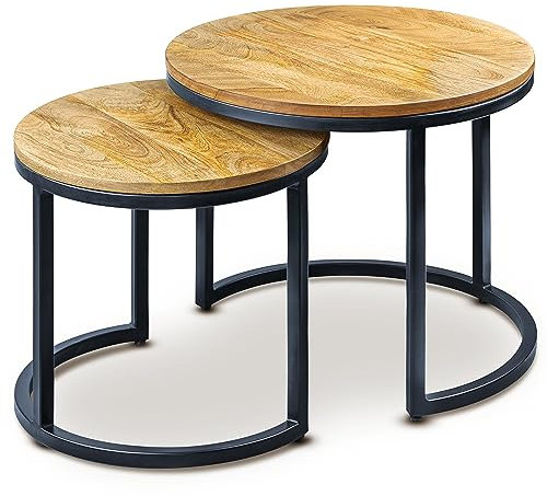 Cosy Home Design Tables Basses Gigognes de Salon Rondes de Style Industriel en Bois Massif et Pieds en Métal Noir | Fabrication Artisanale |Serie Exclusive Eclipse 50x43cm, 40x38cm