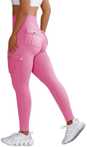 Nuofengkudu Push up Taille Haute Leggings Sport pour Femmes Elastique Opaque Doux Collant Pantalon avec Poche Cargo Fitness Running Jogging Sport Workout Yoga Pants Y-Rose S