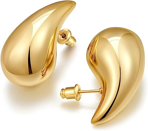 Gold Chunky Thick 14K Gold Plated Teardrop Waterdrop Earrings for Women Girls