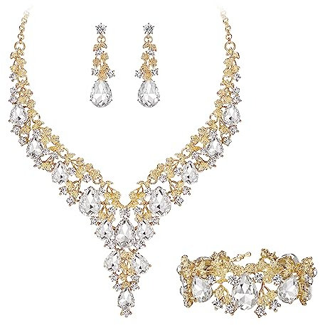 Clearine Damen Hochzeit Braut österreichischen Kristall Teardrop Blume Cluster Statement Halskette Ohrringe und Armband Schmuck-Set für Prom Klar Gold-Ton