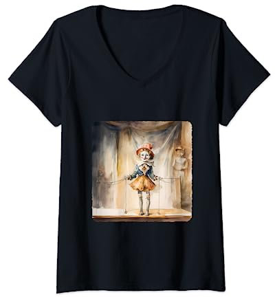 Damen Eine Marionette-Puppe auf einer Bühne Puppen-Show mit Marionette T-Shirt mit V-Ausschnitt