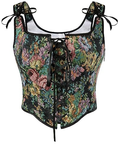 SCARLET DARKNESS Gothic Wikinger Korsett Shapewear Schulterfrei mit Reißverschluss Weste Brust Binder Schwarz Blumen 42