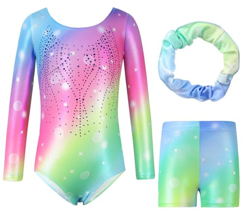 Hovershoes - Traje de gimnasia para niñas, manga larga, sin mangas, cuerpo de gimnasia brillante con pantalones cortos y diadema, vestido de baile de ballet atlético, A-manga larga, 9-10 Años