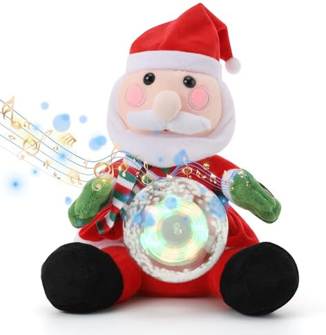 Aceshop Elektrische Weihnachtsplüschpuppe mit Schneekugel, 11 Zoll Weihnachtsmann Kuscheltiere Plüsch Musik führte Singende Und Tanzende Stofftiere Singender Xmas Santa Spielzeug Deko Kinder Geschenk