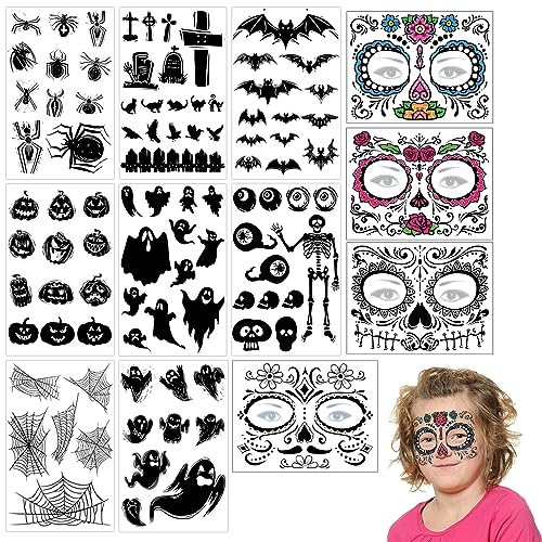 8 Hojas de tatuajes halloween, 4 Hojas de Tatuajes de Cara, tatuaje halloween Impermeables 3D halloween tatuajes, Tatuajes Adhesivos Impermeables Realistas para Maquillaje de Halloween