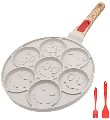RANXINGST Padella Pancake 26 cm, Piastra Pancake con Maniglia Rimovibile 7 Fori Antiaderente per Colazione - Bianco