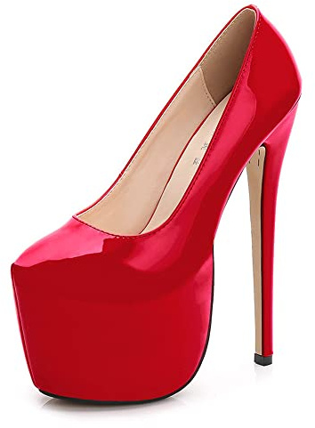 Damer 18 cm hög klack sexiga stilettpumps 8 cm plattform hög klack enfärgade slip-on läderpumps, röd, 39 EU