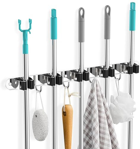 Cheerhom Porta Scope Parete, 5 Supporti e 4 Ganci Nero Portascope, Portascope da Muro, Appendi Scope a Muro, Portascope da Muro Appendibile, Ideale per Cucina, Bagno e Garage